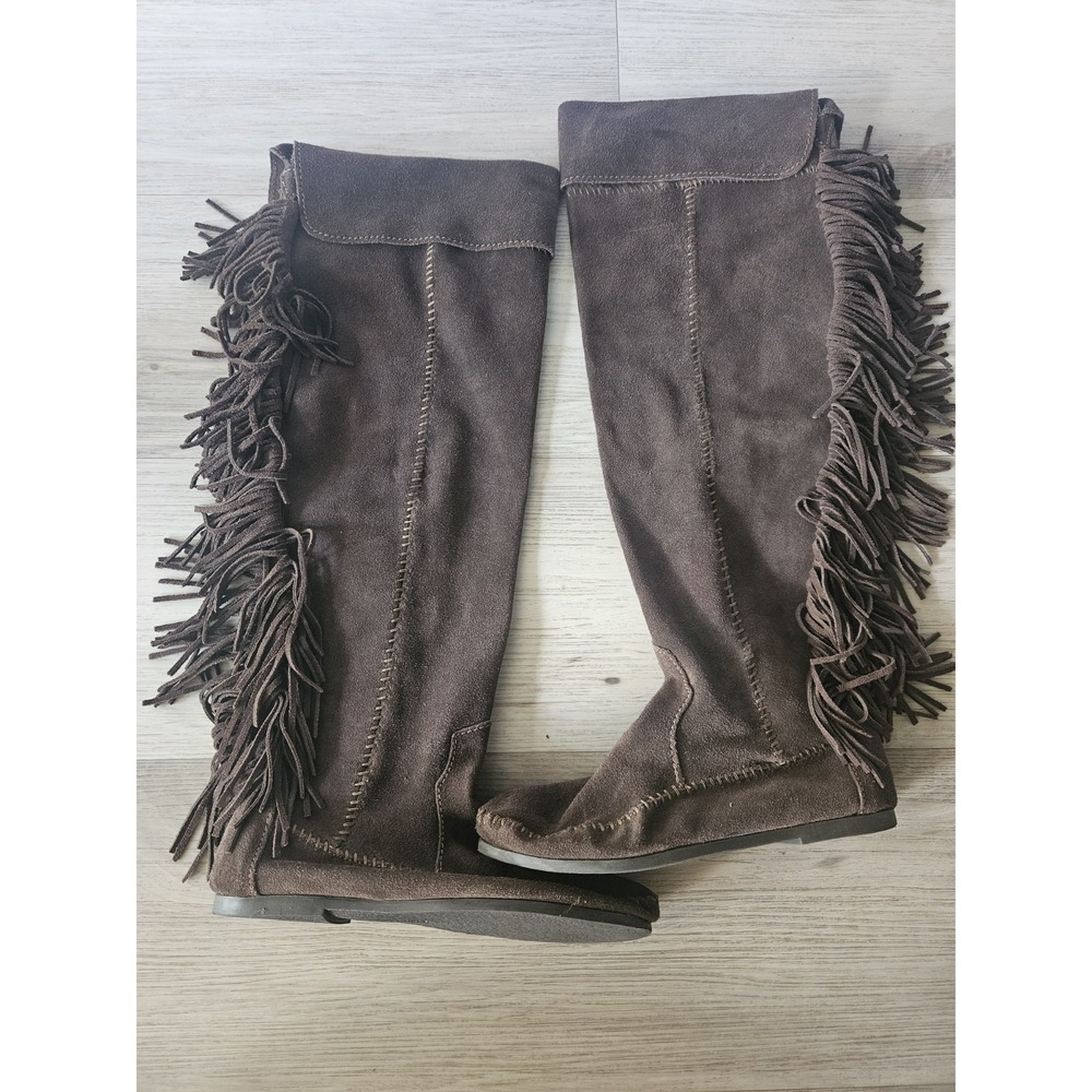 Minnetonka 1698 Women's Over The Knee Fringe Boots Brown Suede Moccasin Size 7